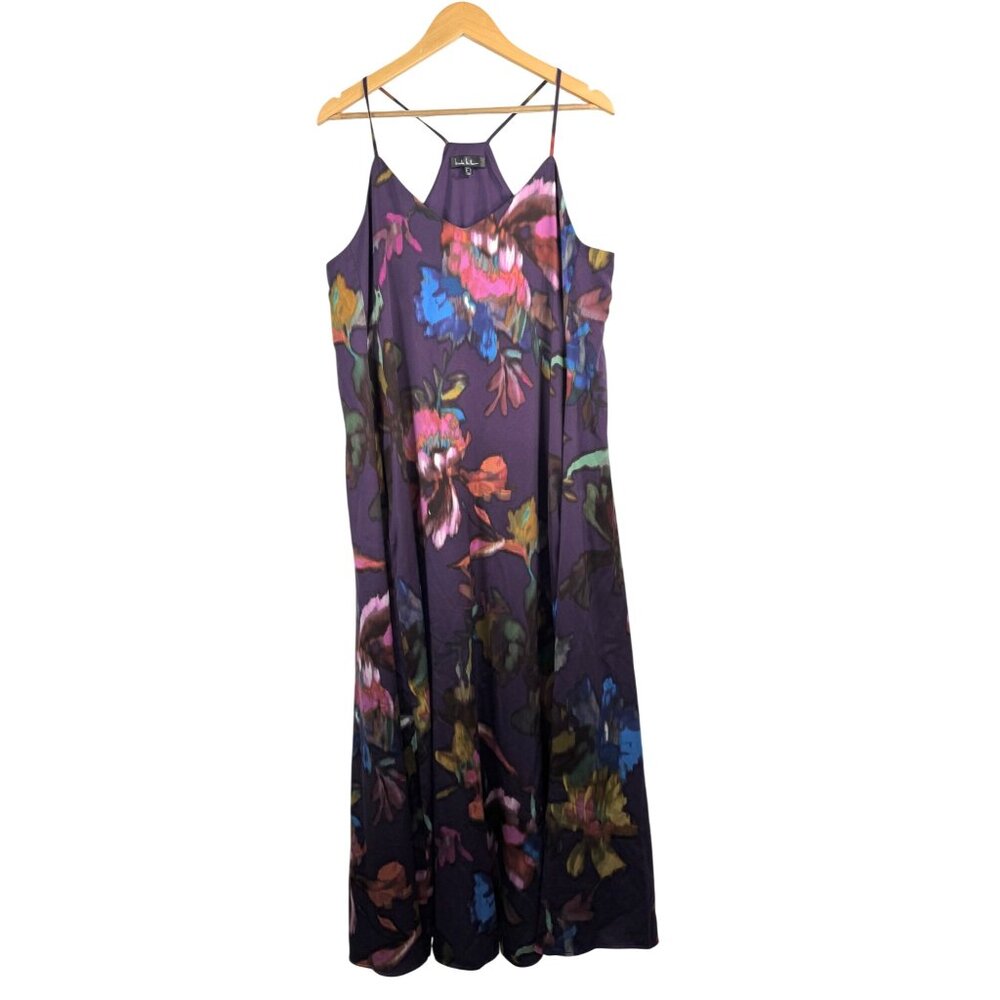 Nicole Miller Purple Floral satin boho dress racer back sz L